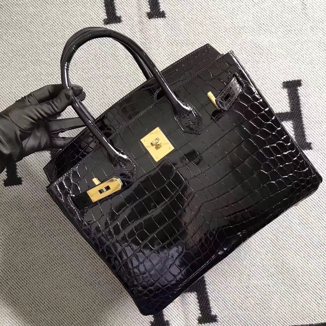 Hermes Classic Bag Black Shiny Crocodile Leather Birkin Bag30CM Gold Hardware