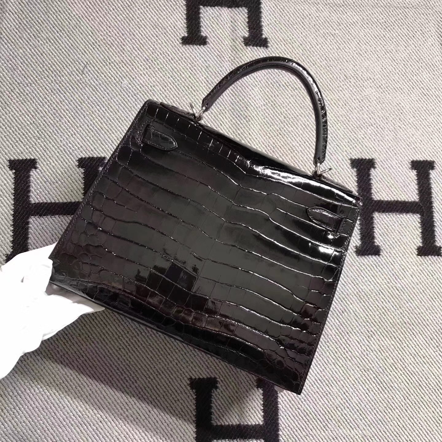 Luxury Hermes Kelly Tote Bag CK89 Black Crocodile Leather Silver Hardware