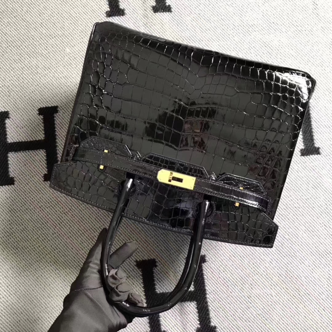 Hermes Classic Bag Black Shiny Crocodile Leather Birkin Bag30CM Gold Hardware