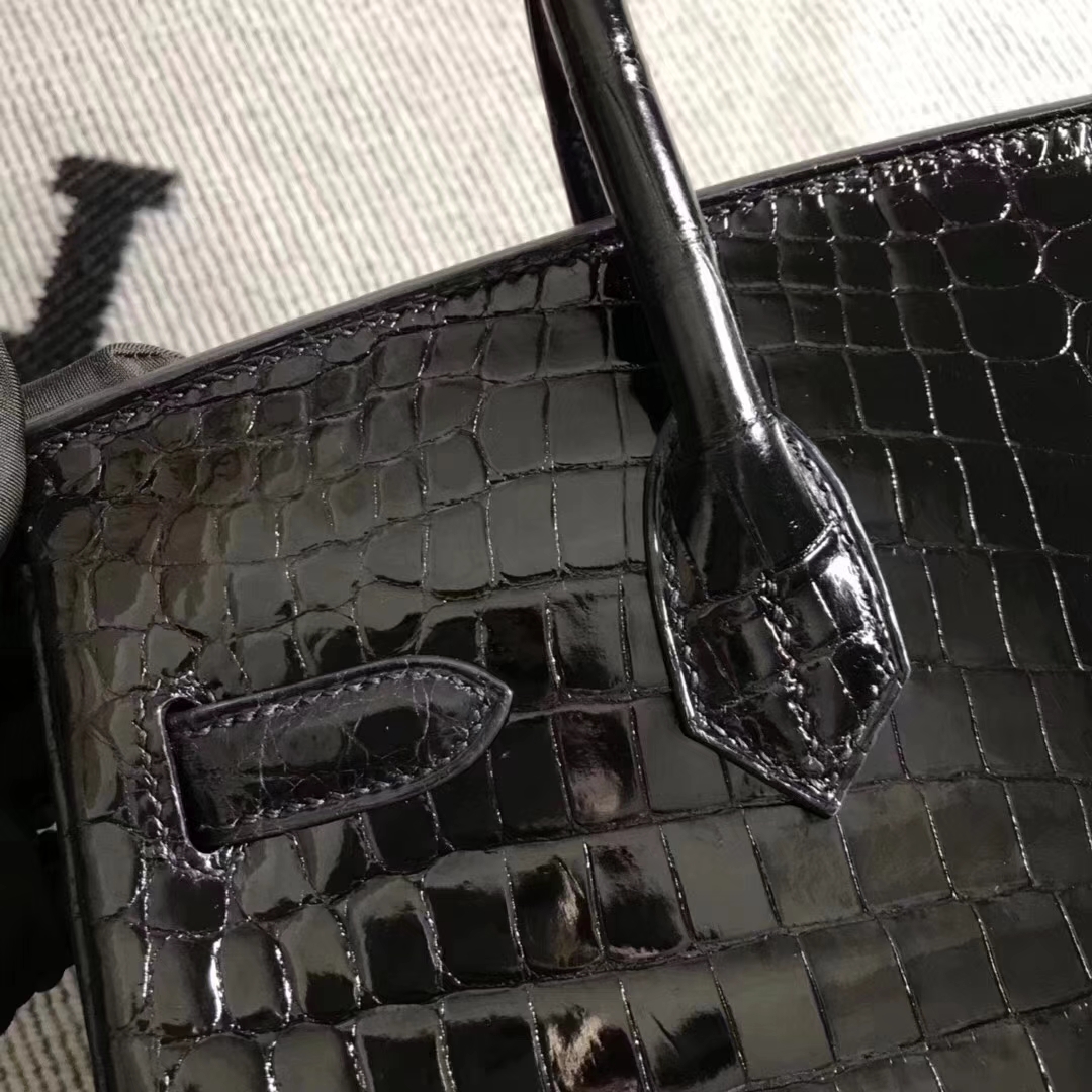 Hermes Classic Bag Black Shiny Crocodile Leather Birkin Bag30CM Gold Hardware