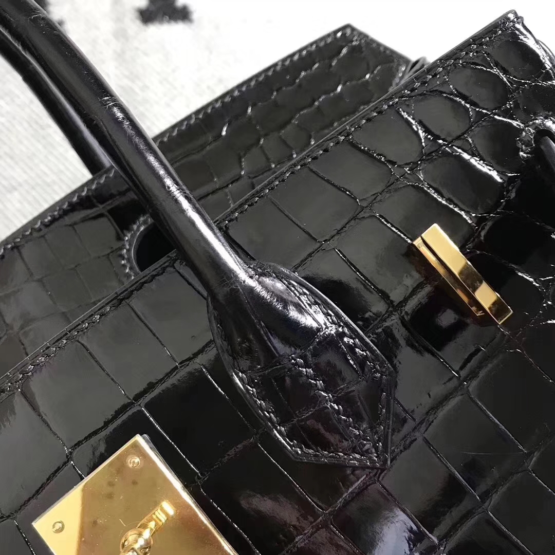 Hermes Classic Bag Black Shiny Crocodile Leather Birkin Bag30CM Gold Hardware