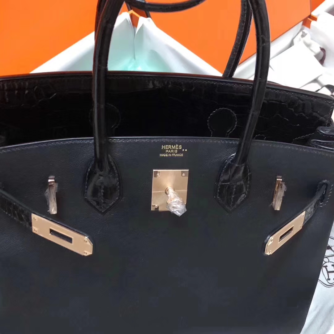 New Arrival Hermes Black Swift Calf/Shiny Crocodile Leather Birkin30CM Rose Gold Hardware