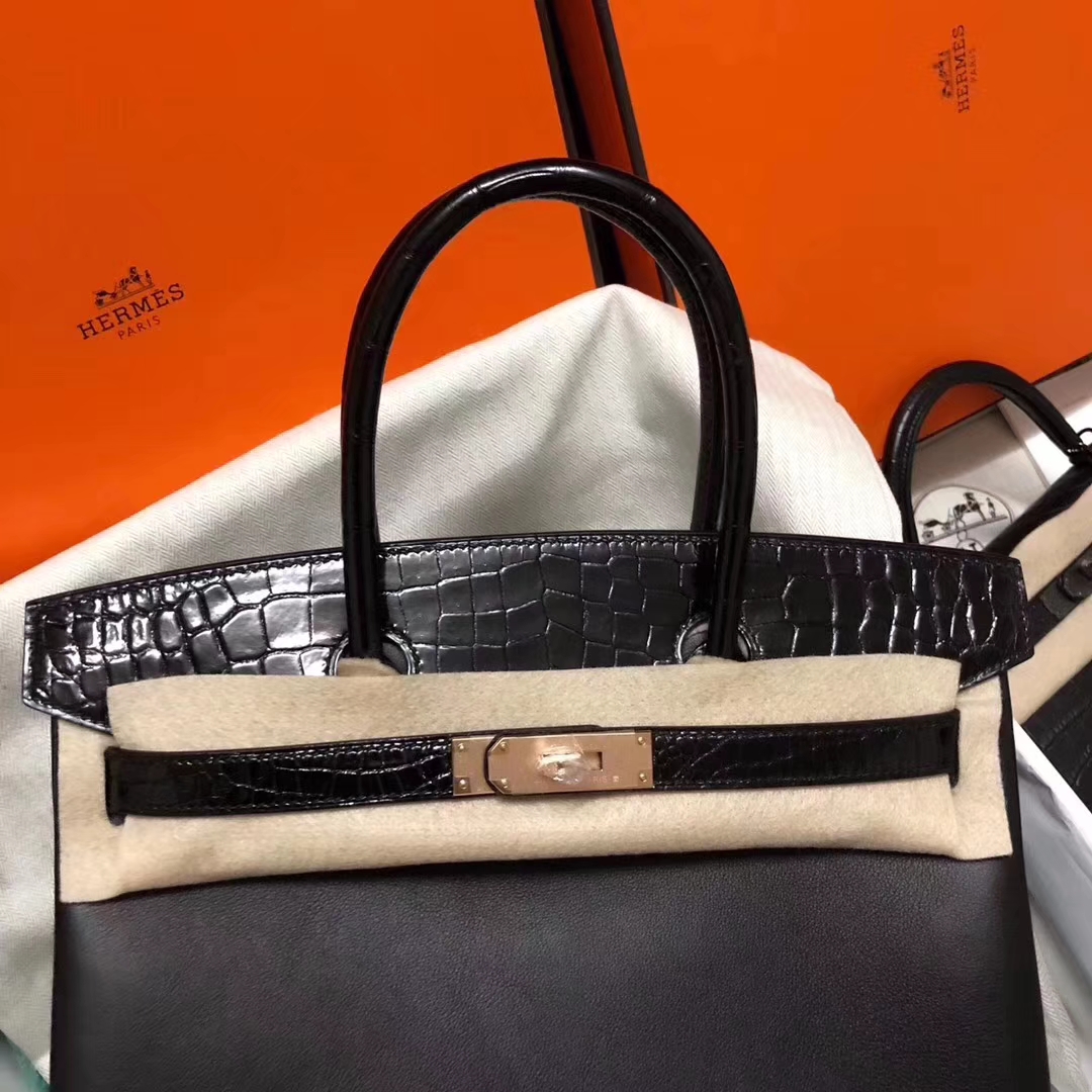 New Arrival Hermes Black Swift Calf/Shiny Crocodile Leather Birkin30CM Rose Gold Hardware