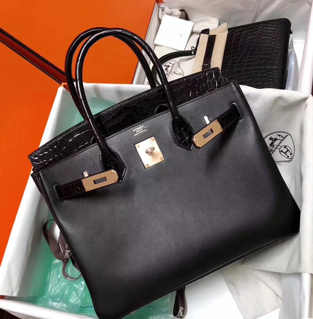 New Arrival Hermes Black Swift Calf/Shiny Crocodile Leather Birkin30CM Rose Gold Hardware