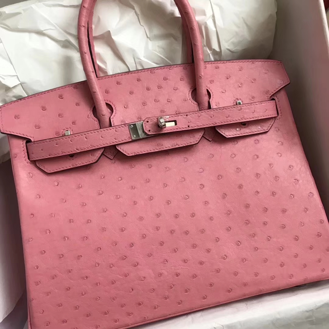 Hand Stitching Hermes 1Q Rose Confetti Ostrich Leather Birkin30CM Bag Silver Hardware