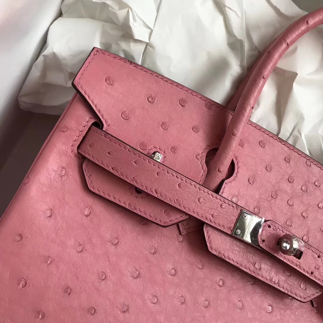 Hand Stitching Hermes 1Q Rose Confetti Ostrich Leather Birkin30CM Bag Silver Hardware