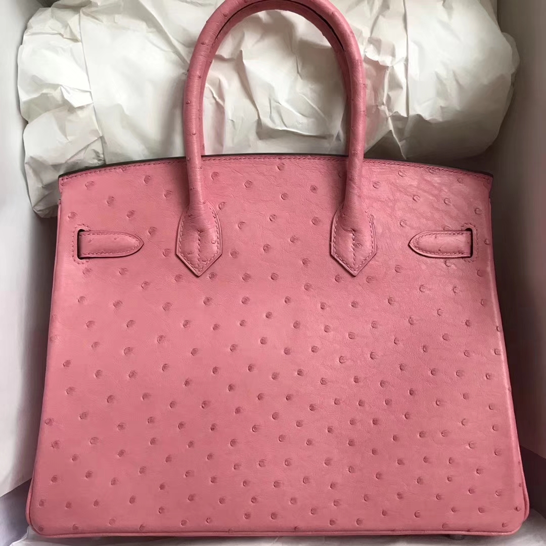 Hand Stitching Hermes 1Q Rose Confetti Ostrich Leather Birkin30CM Bag Silver Hardware