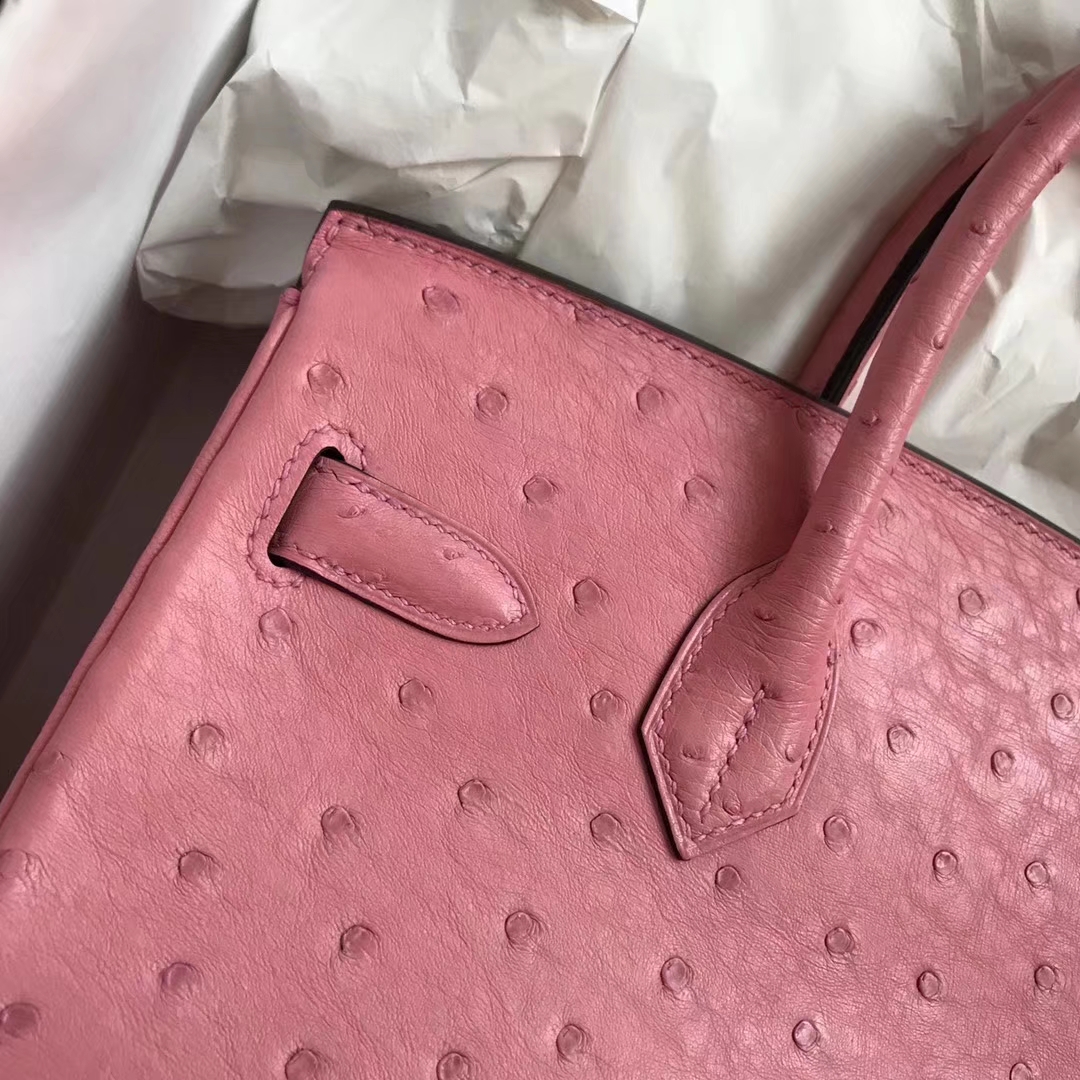 Hand Stitching Hermes 1Q Rose Confetti Ostrich Leather Birkin30CM Bag Silver Hardware