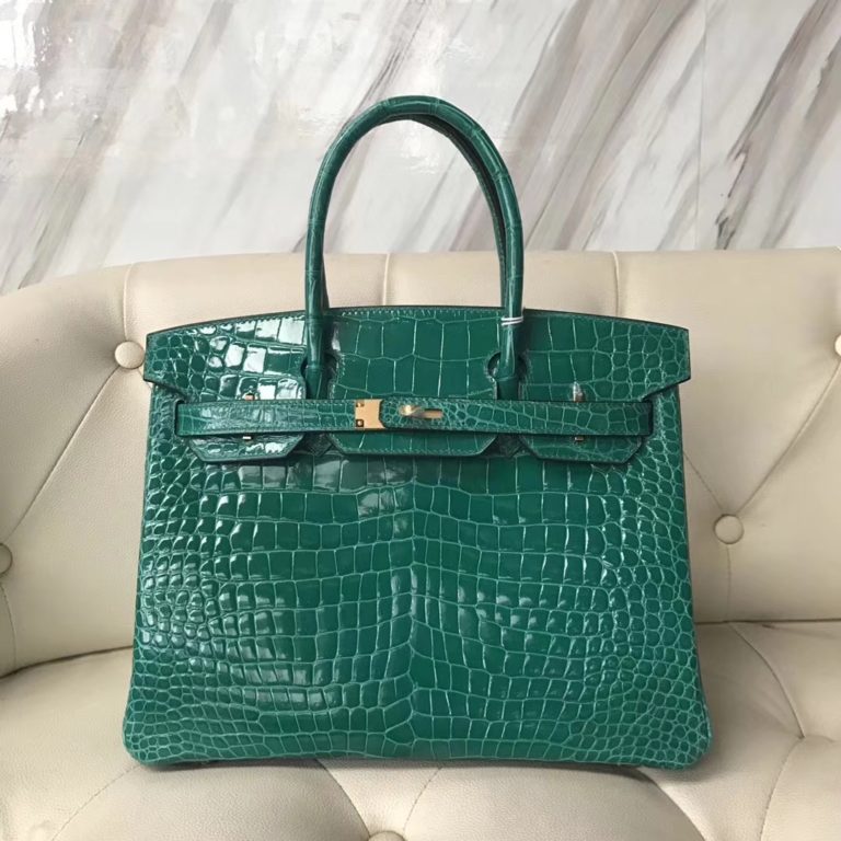 Hermes 6Q Emerald Green Shiny Crocodile Leather Birkin 30CM Bag Gold Hardware