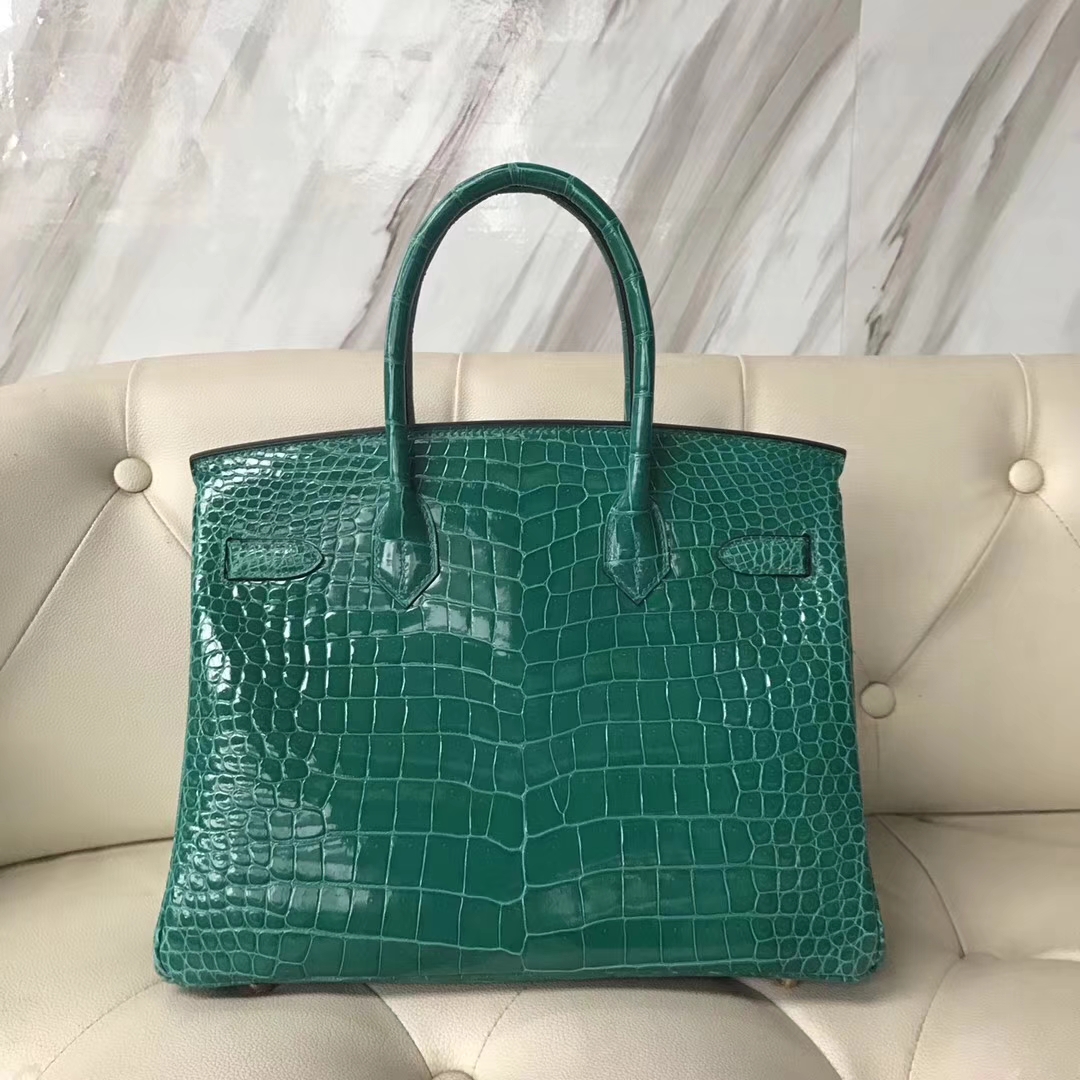 Luxury Hermes 6Q Emerald Green Shiny Crocodile Leather Birkin30CM Bag Gold Hardware