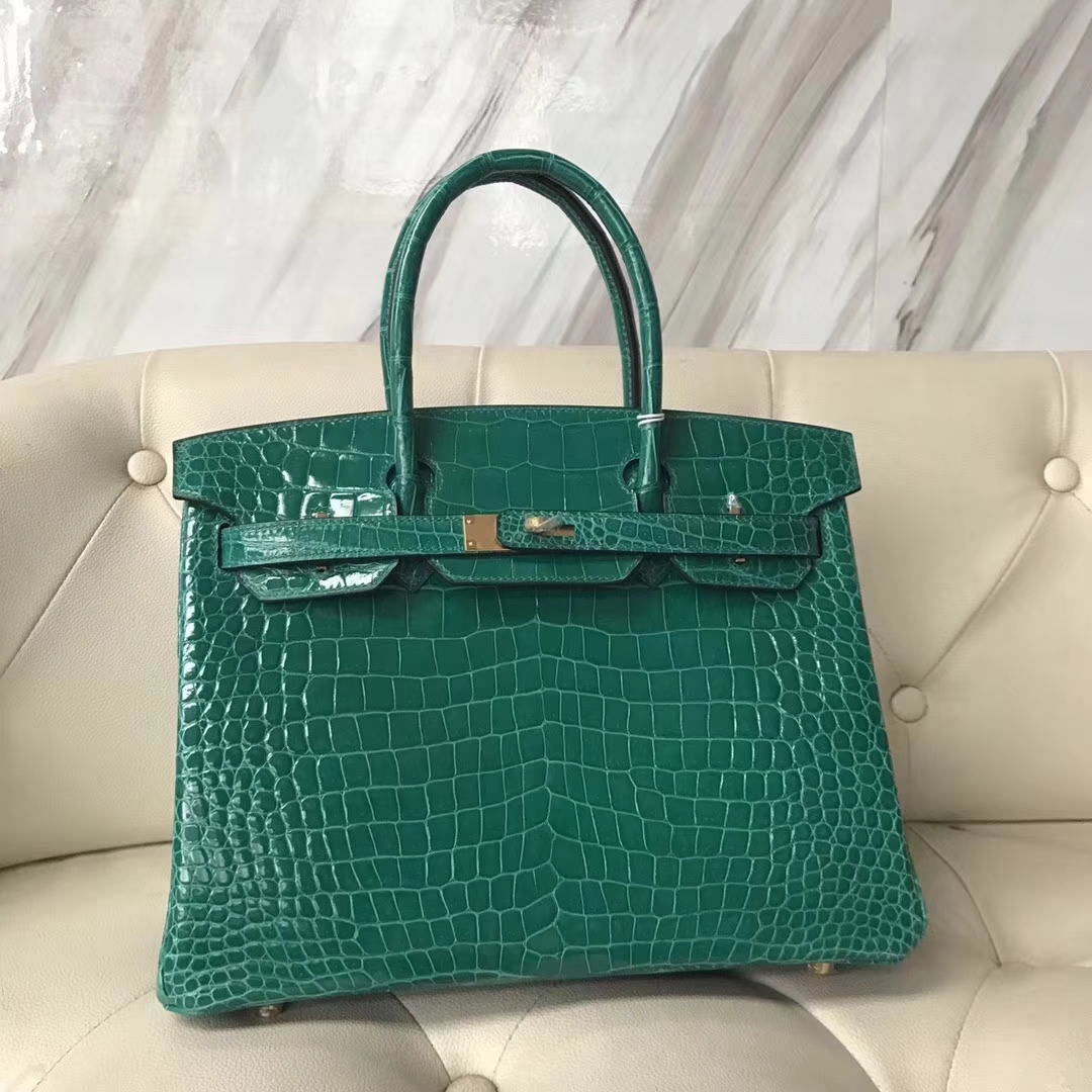 Luxury Hermes 6Q Emerald Green Shiny Crocodile Leather Birkin30CM Bag Gold Hardware