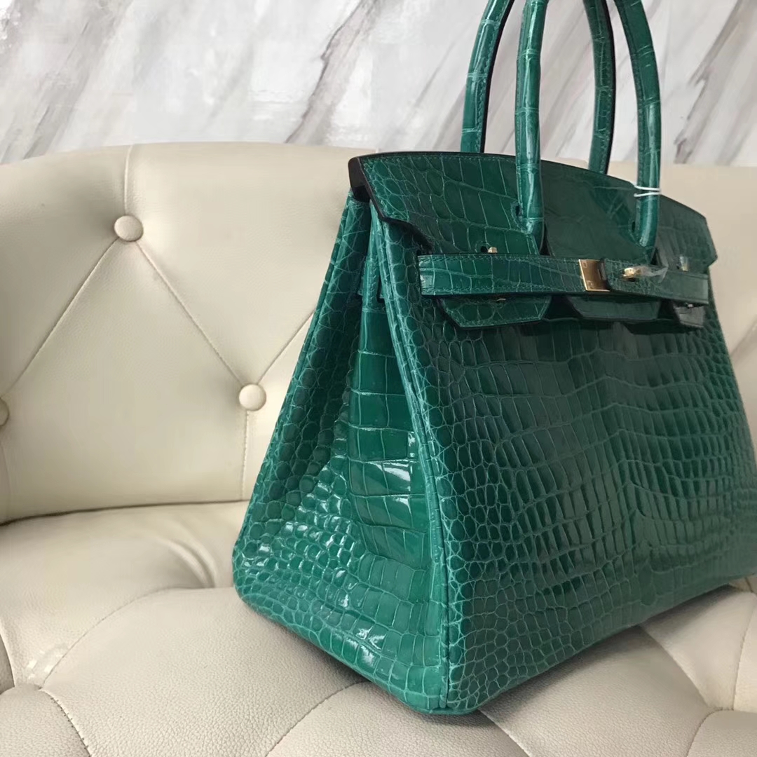 Luxury Hermes 6Q Emerald Green Shiny Crocodile Leather Birkin30CM Bag Gold Hardware