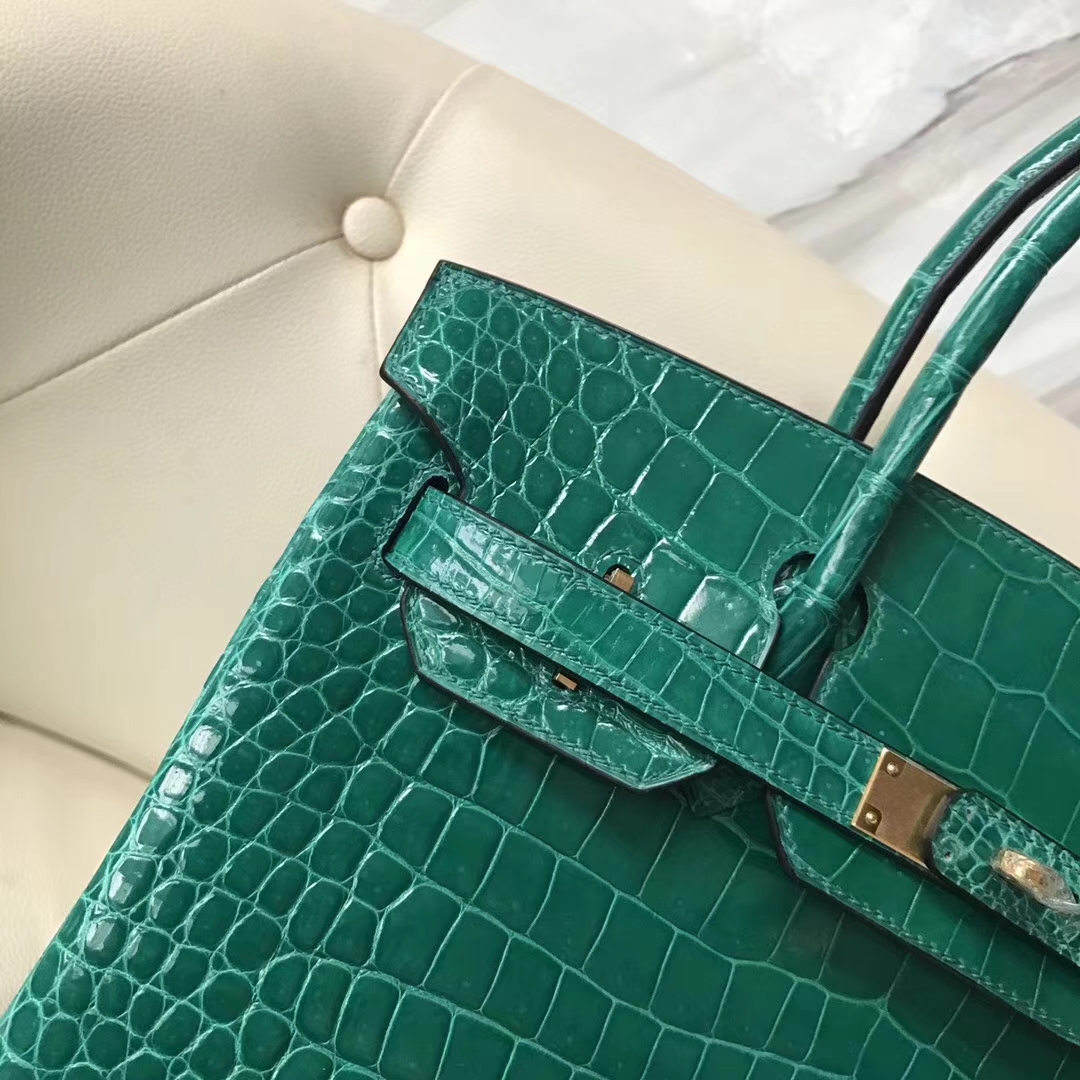 Luxury Hermes 6Q Emerald Green Shiny Crocodile Leather Birkin30CM Bag Gold Hardware