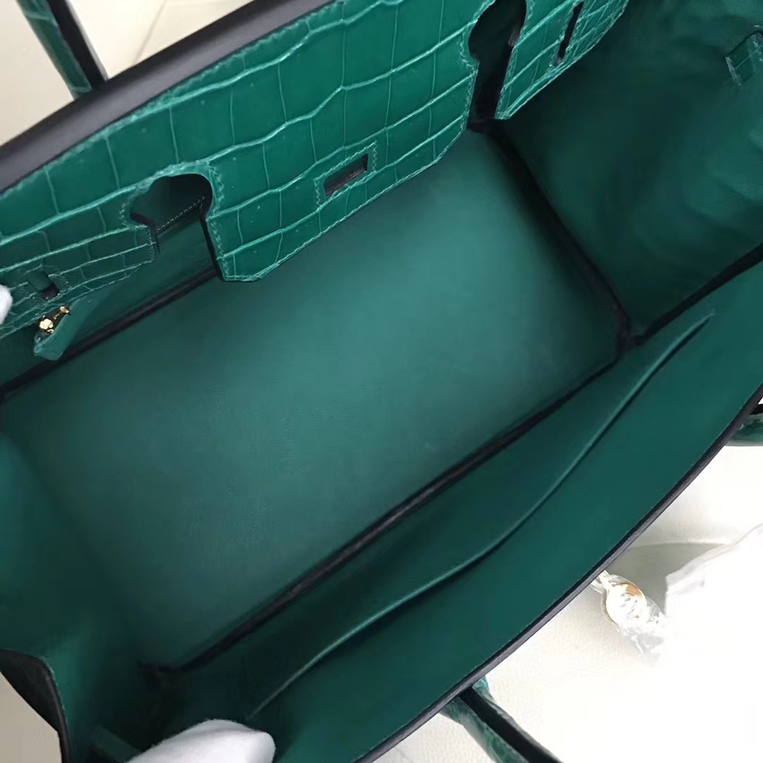 Luxury Hermes 6Q Emerald Green Shiny Crocodile Leather Birkin30CM Bag Gold Hardware