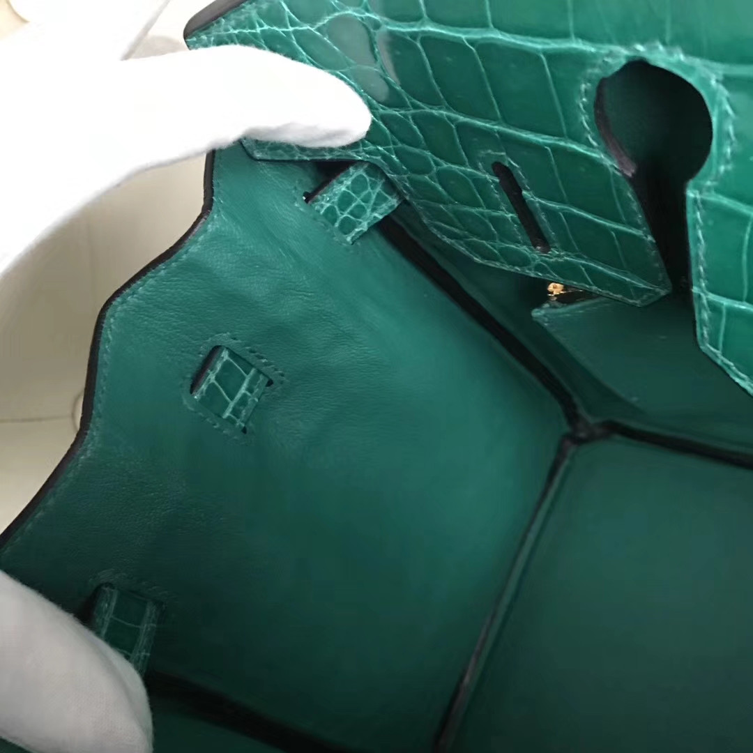Luxury Hermes 6Q Emerald Green Shiny Crocodile Leather Birkin30CM Bag Gold Hardware