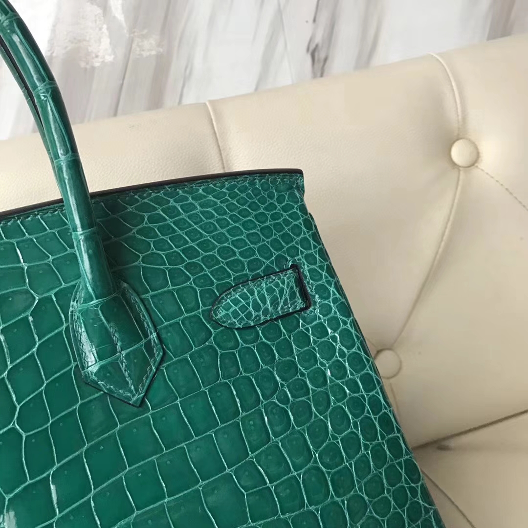 Luxury Hermes 6Q Emerald Green Shiny Crocodile Leather Birkin30CM Bag Gold Hardware