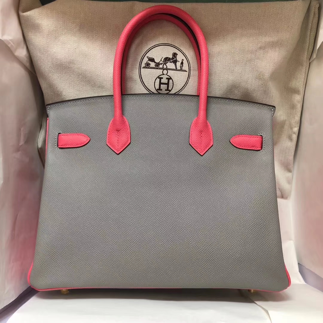 New Hermes 4Z Gris Mouette/8W Rose Azalee Epsom Calf Birkin Bag30CM Gold Hardware