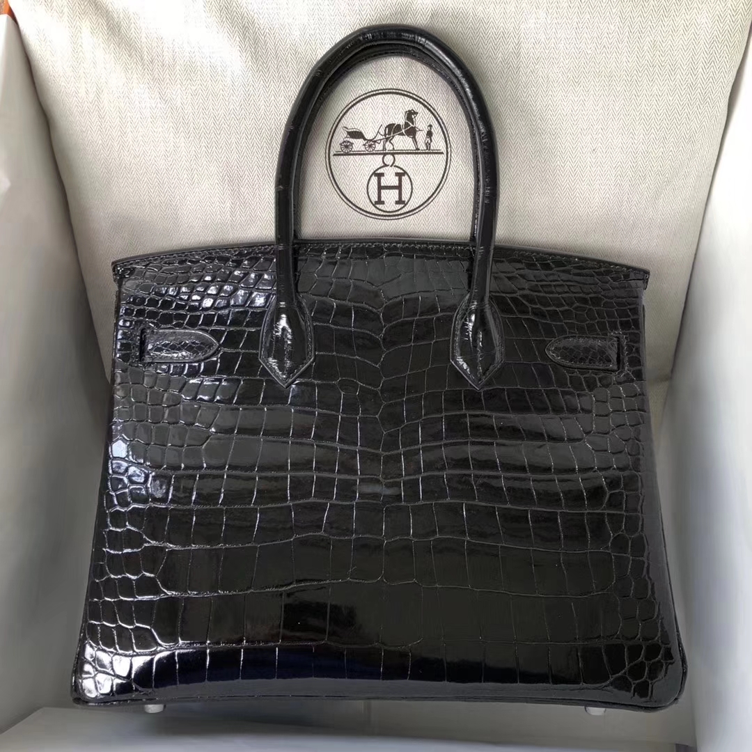 Luxury Hermes CK89 Black Porosus Shiny Crocodile Birkin30CM Bag Silver Hardware