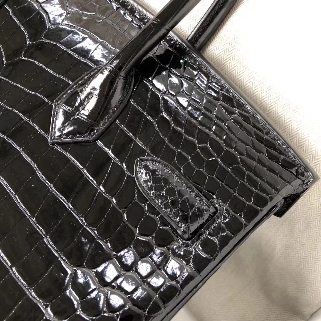 Luxury Hermes CK89 Black Porosus Shiny Crocodile Birkin30CM Bag Silver Hardware