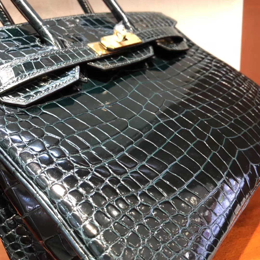 Sale Hermes 1P Blue Blue Colvert Shiny Porosus Crocodile Birkin30CM Bag Gold Hardware