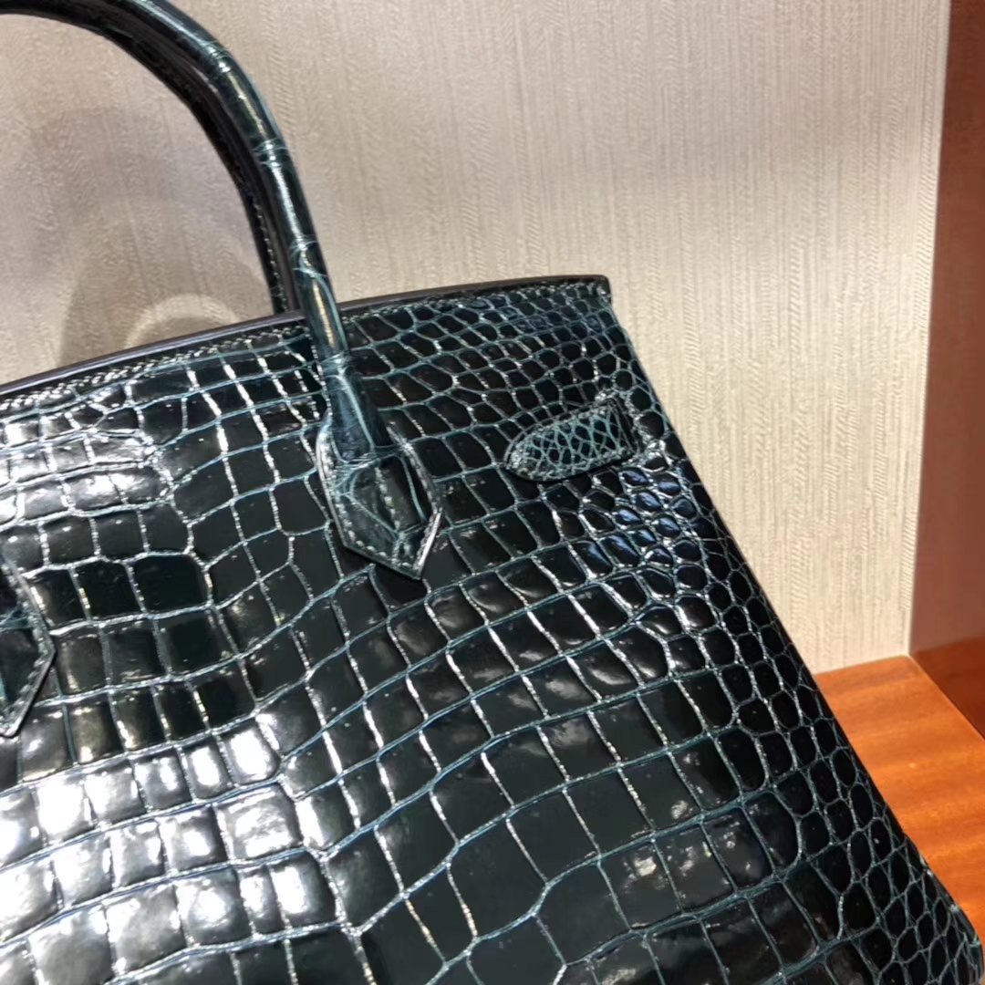Sale Hermes 1P Blue Blue Colvert Shiny Porosus Crocodile Birkin30CM Bag Gold Hardware
