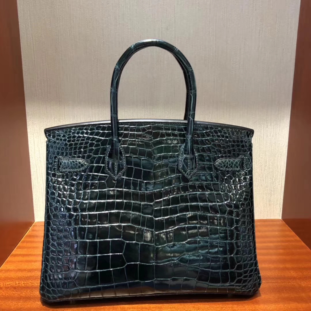 Sale Hermes 1P Blue Blue Colvert Shiny Porosus Crocodile Birkin30CM Bag Gold Hardware