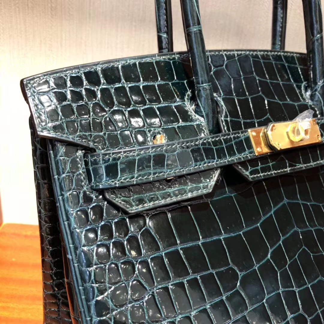 Sale Hermes 1P Blue Blue Colvert Shiny Porosus Crocodile Birkin30CM Bag Gold Hardware