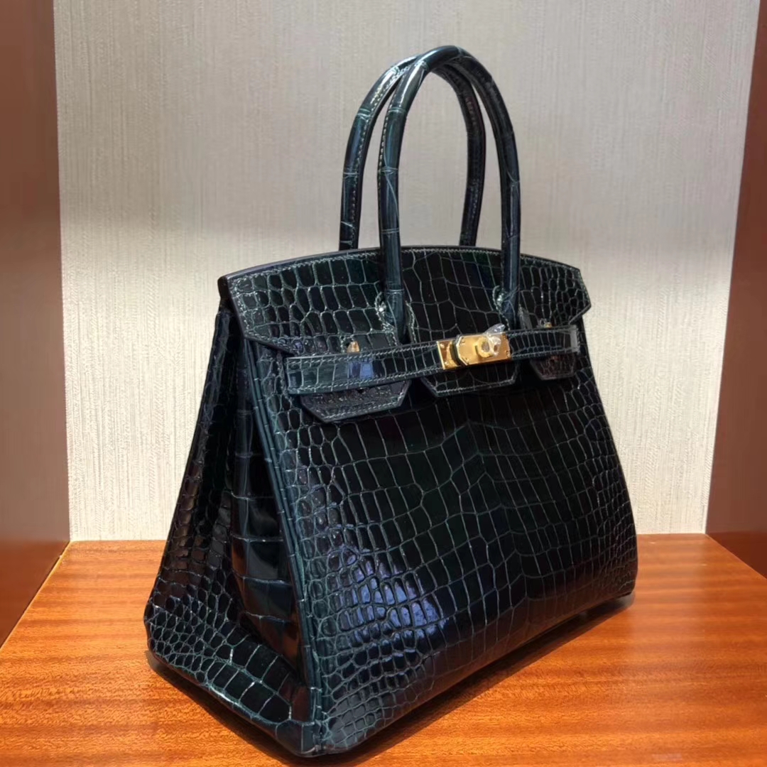 Sale Hermes 1P Blue Blue Colvert Shiny Porosus Crocodile Birkin30CM Bag Gold Hardware