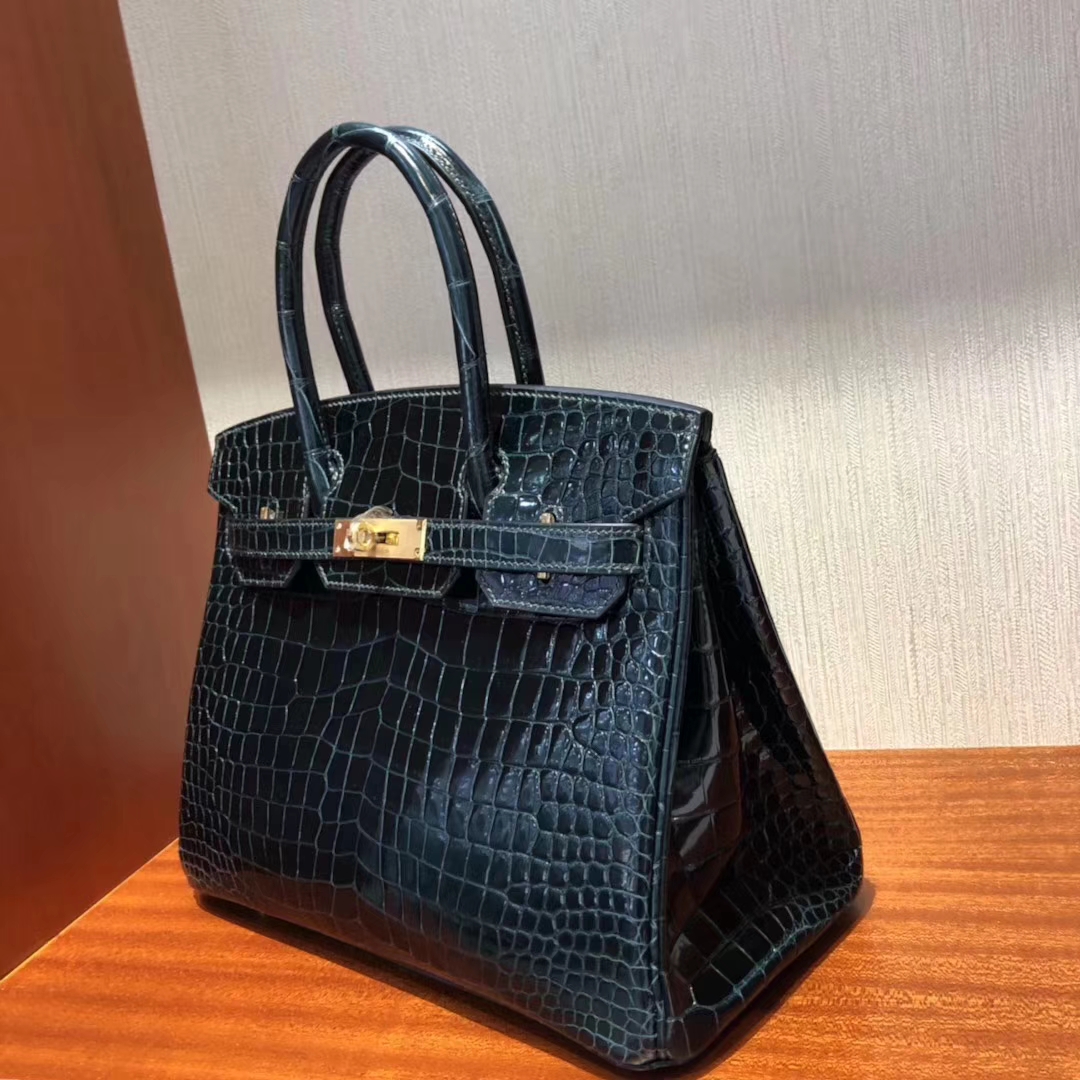 Sale Hermes 1P Blue Blue Colvert Shiny Porosus Crocodile Birkin30CM Bag Gold Hardware