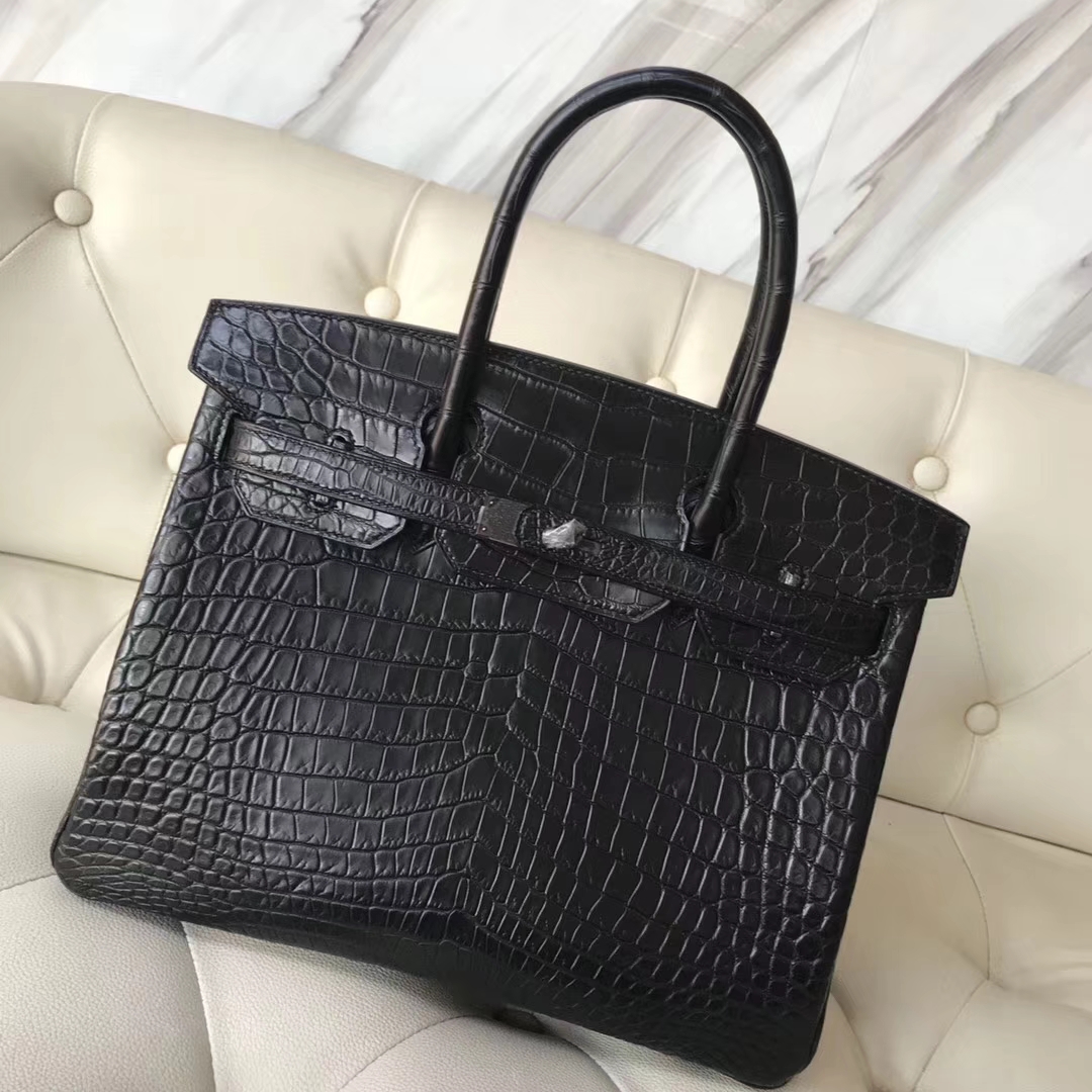 Elegant Hermes Black Matt Crocodile Leather Birkin Bag30CM Black Hardware