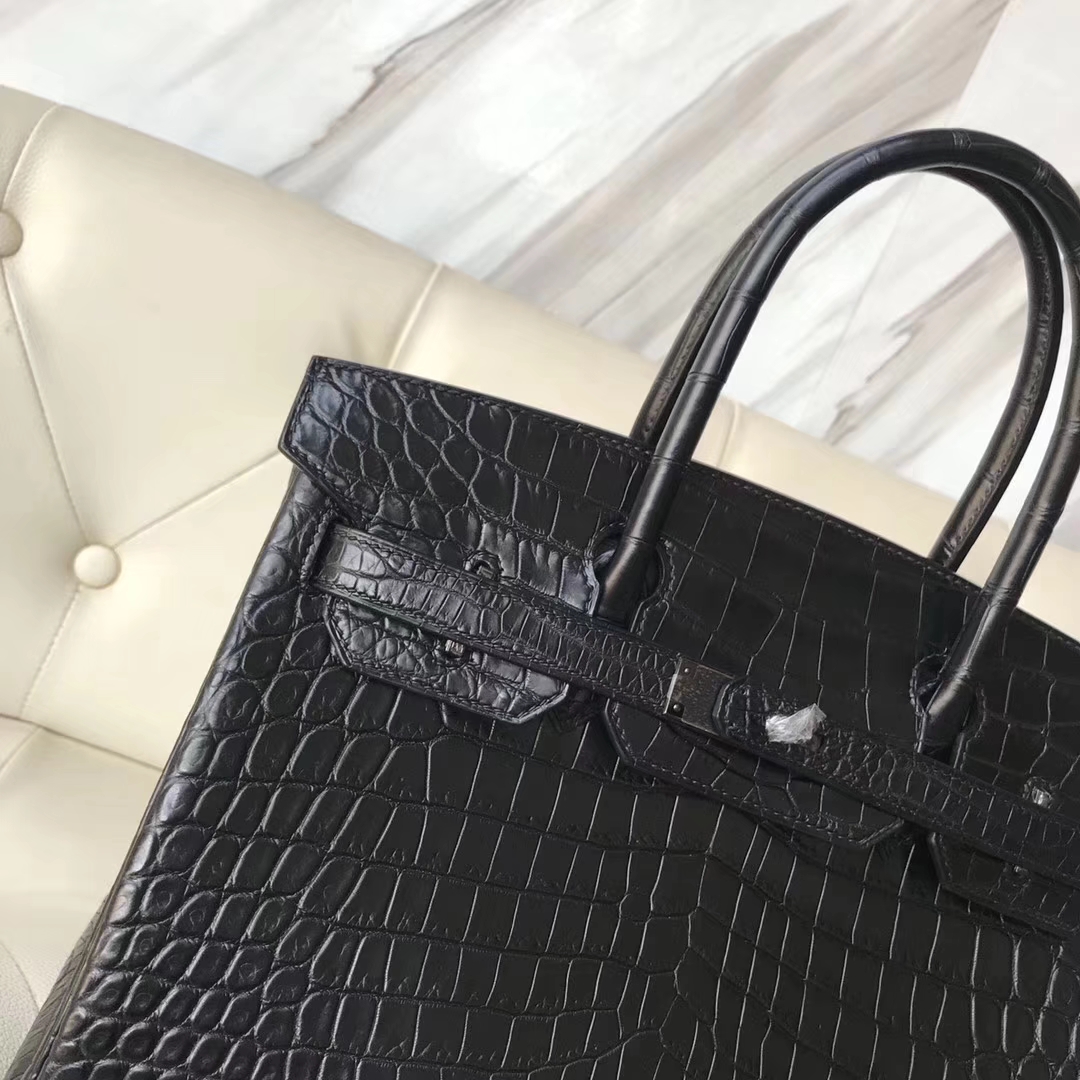 Elegant Hermes Black Matt Crocodile Leather Birkin Bag30CM Black Hardware