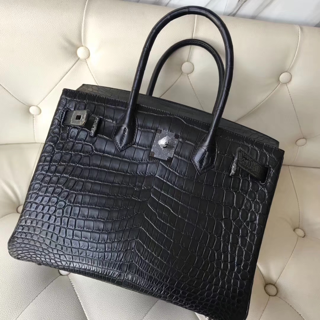 Elegant Hermes Black Matt Crocodile Leather Birkin Bag30CM Black Hardware
