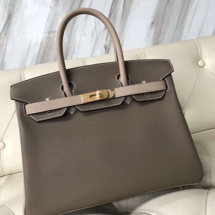 Sale Hermes CK18 Etoupe Grey/S2 Trench Grey Togo Calf Birkin30CM Handbag Gold Hardware