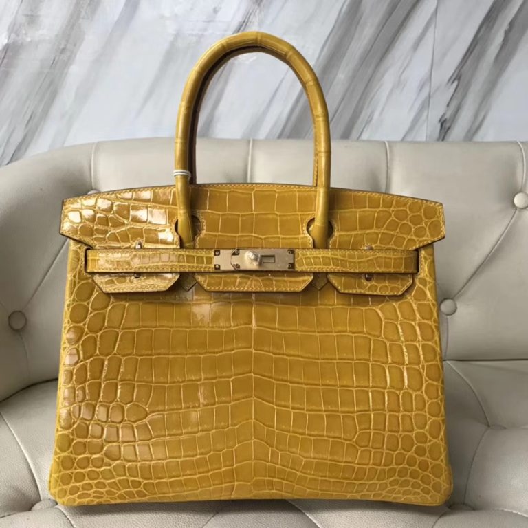 Hermes Porosus Shiny Crocodile Birkin 30CM Handbag in 9D Ambre Yellow Gold Hardware