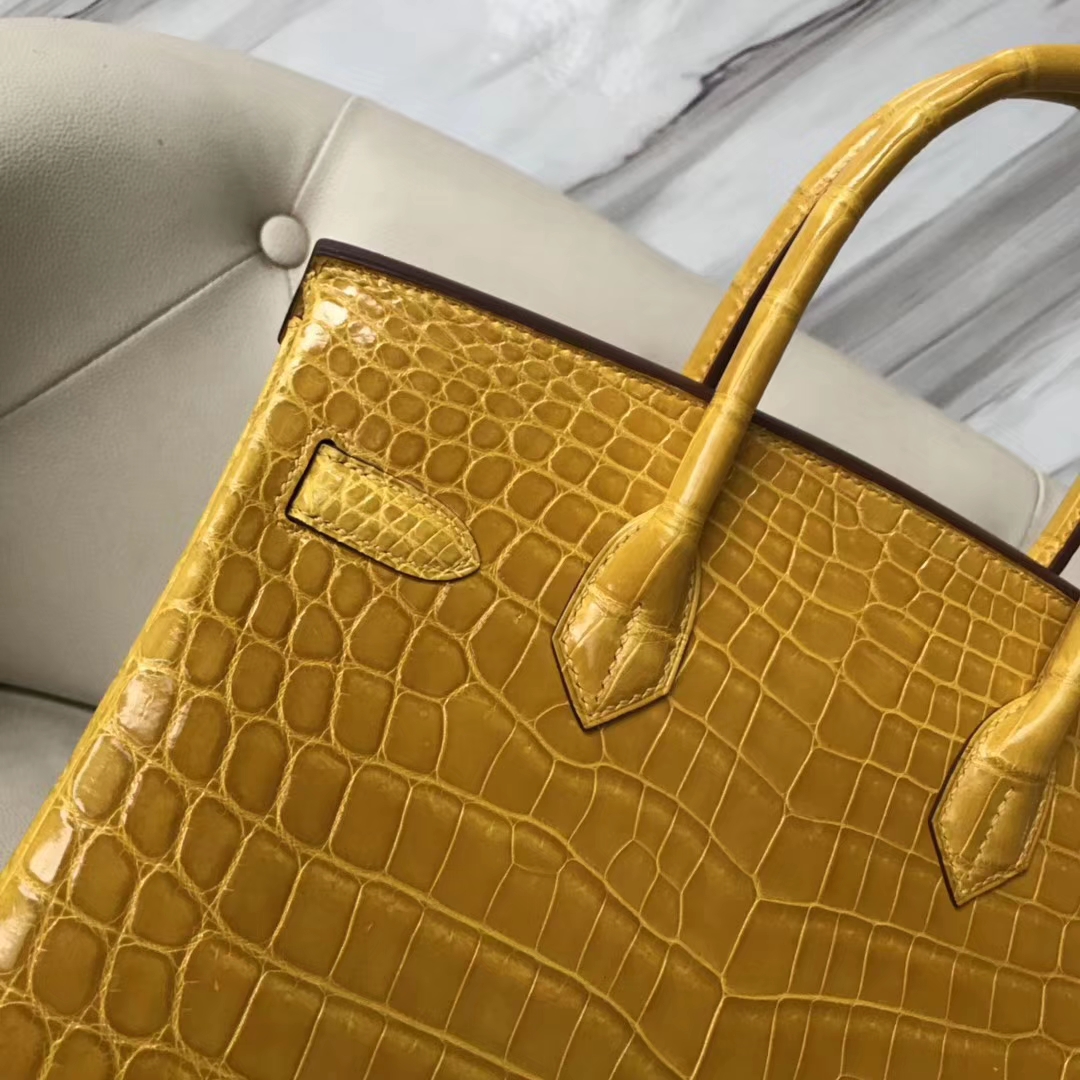 Discount Hermes Porosus Shiny Crocodile Birkin30CM Handbag in 9D Ambre Yellow Gold Hardware