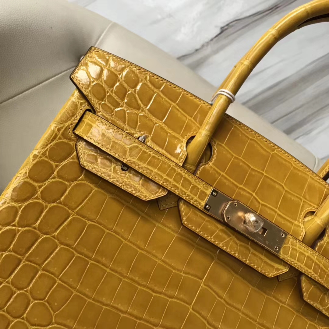 Discount Hermes Porosus Shiny Crocodile Birkin30CM Handbag in 9D Ambre Yellow Gold Hardware