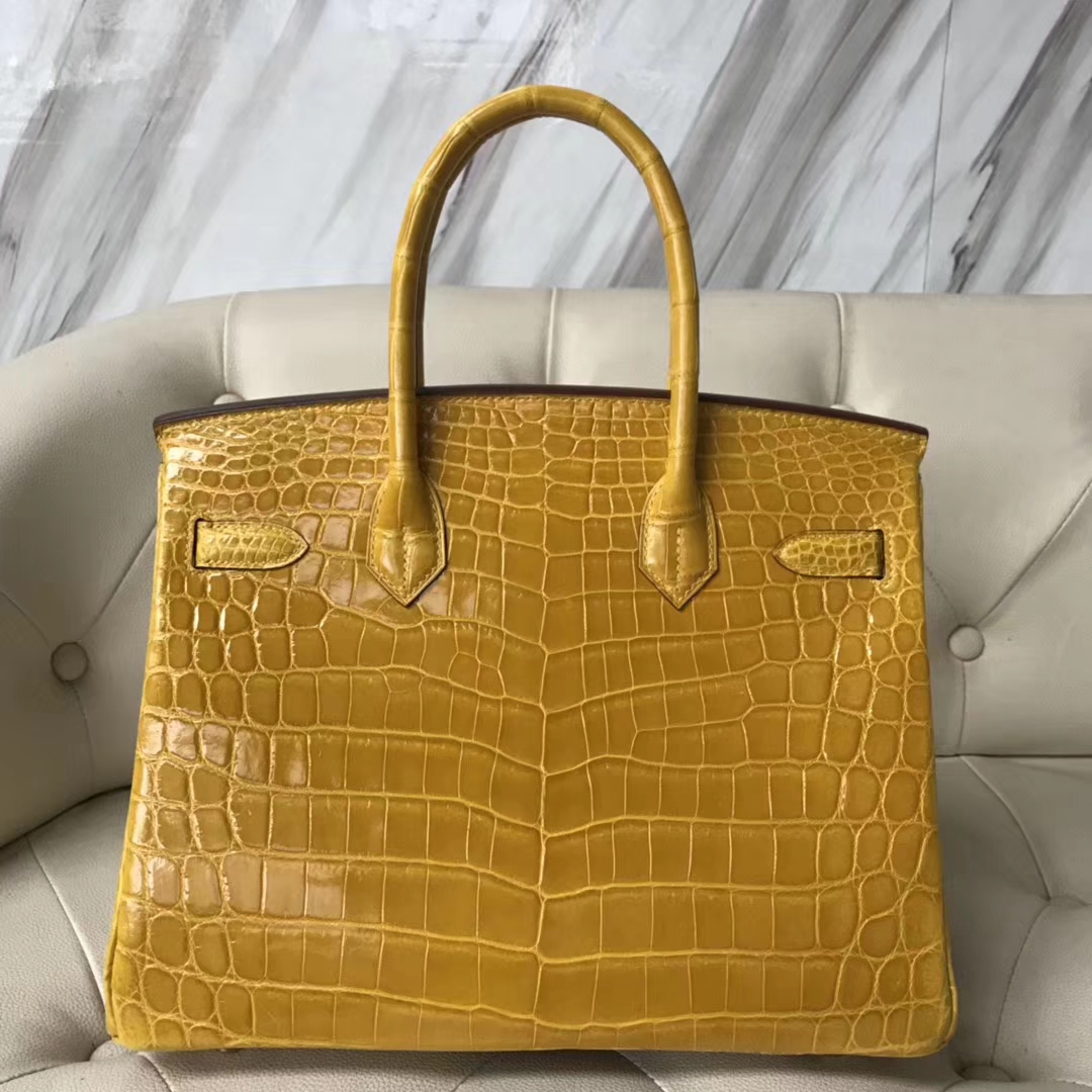 Discount Hermes Porosus Shiny Crocodile Birkin30CM Handbag in 9D Ambre Yellow Gold Hardware