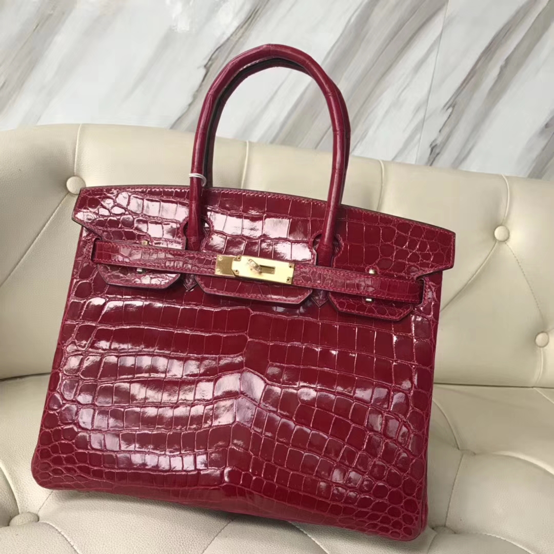 Sale Hermes CK55 Rouge H Shiny Crocodile Birkin Bag30CM Gold Hardware