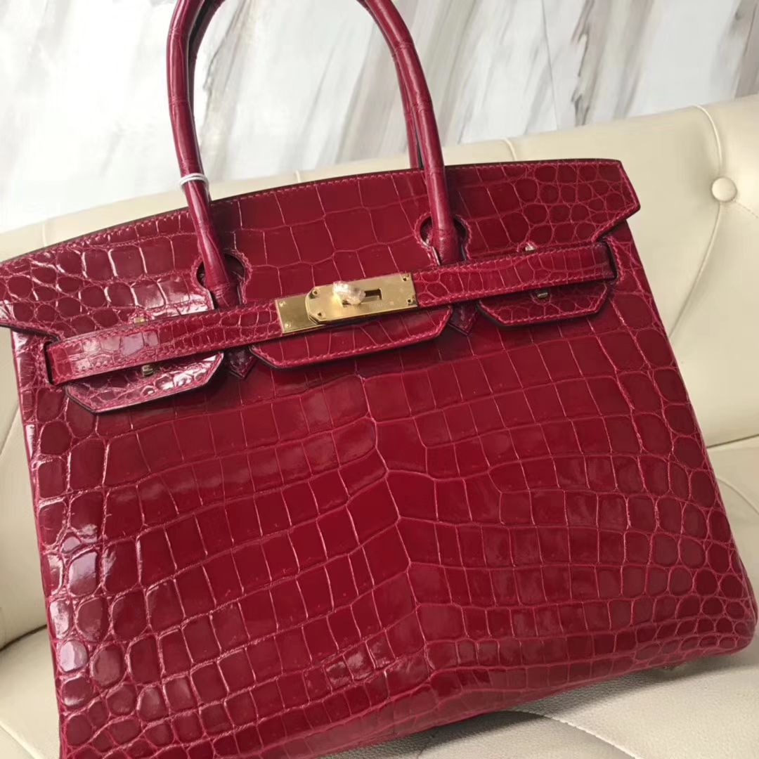 Sale Hermes CK55 Rouge H Shiny Crocodile Birkin Bag30CM Gold Hardware