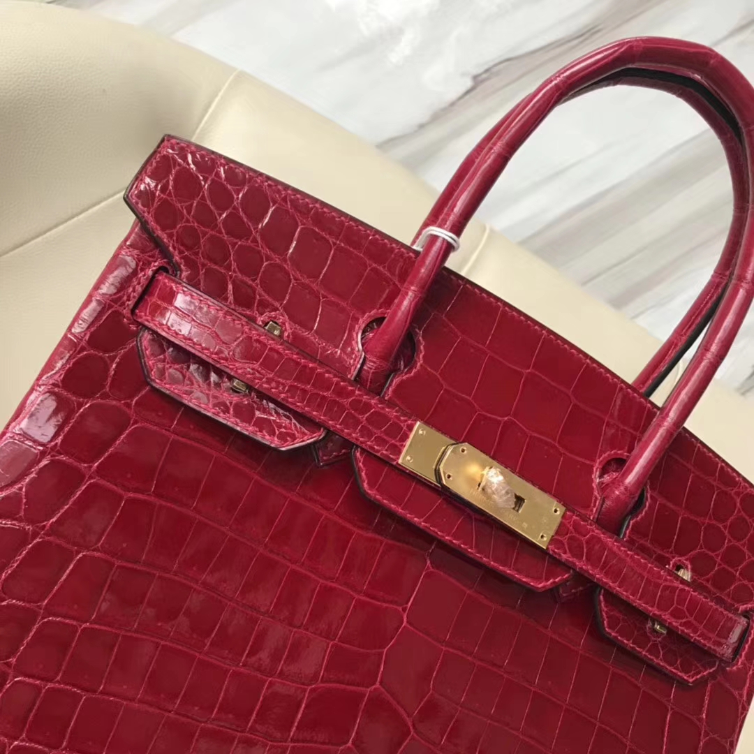 Sale Hermes CK55 Rouge H Shiny Crocodile Birkin Bag30CM Gold Hardware