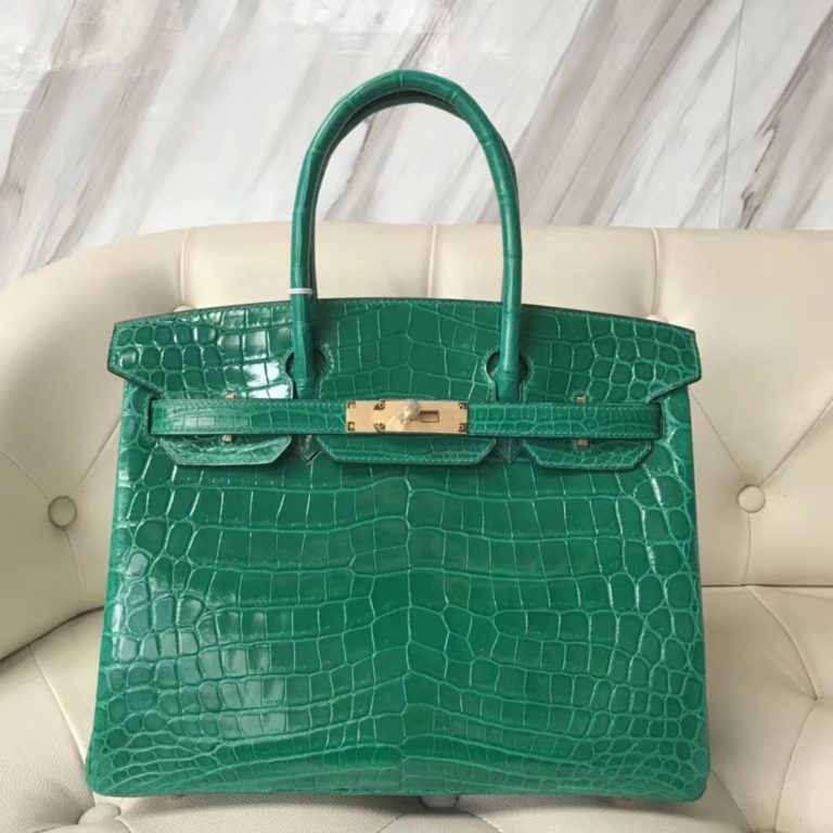 Hermes 6Q Emerald Green Shiny Crocodile Birkin 30CM Bag Gold Hardware