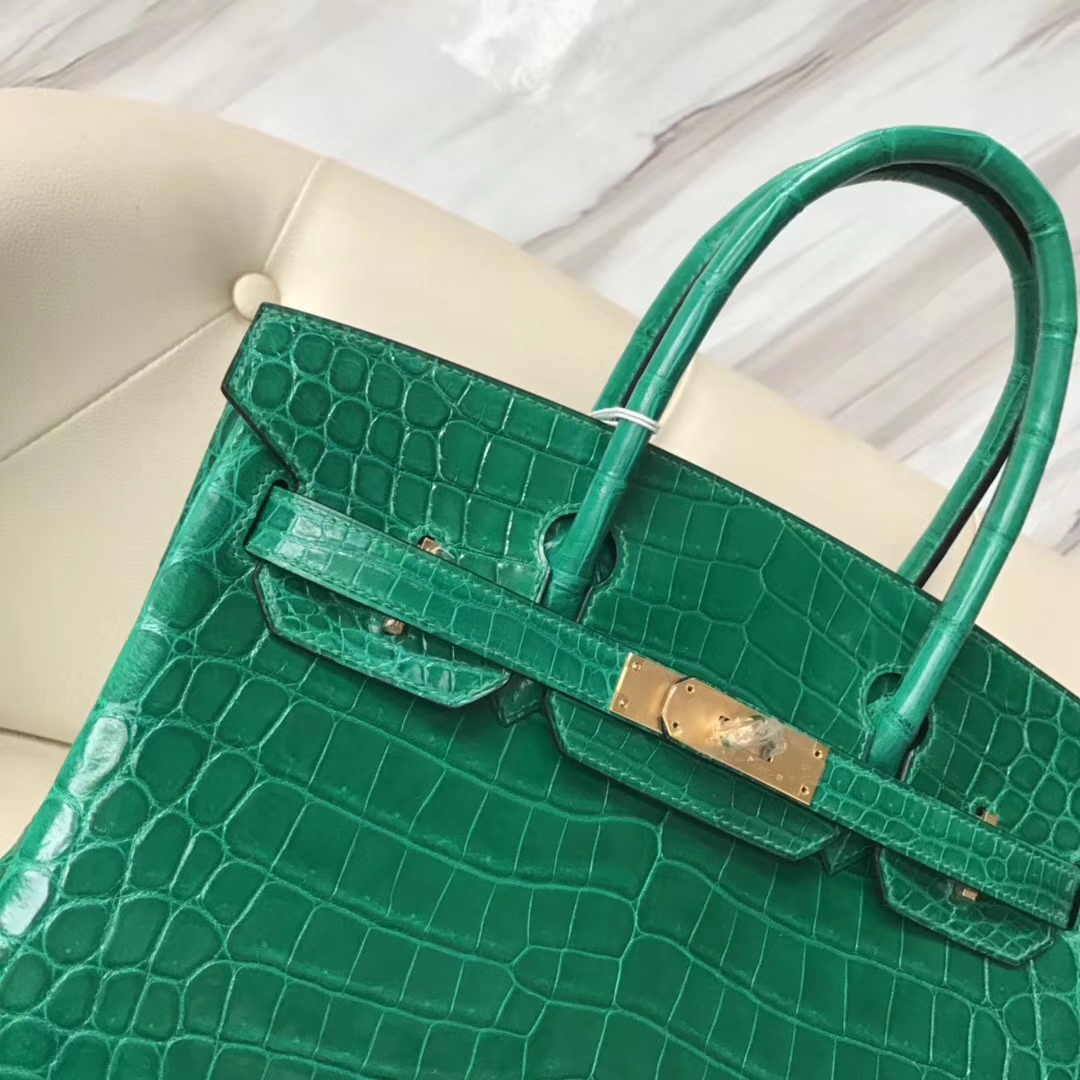 Fashion Hermes 6Q Emerald Green Shiny Crocodile Birkin30CM Bag Gold Hardware