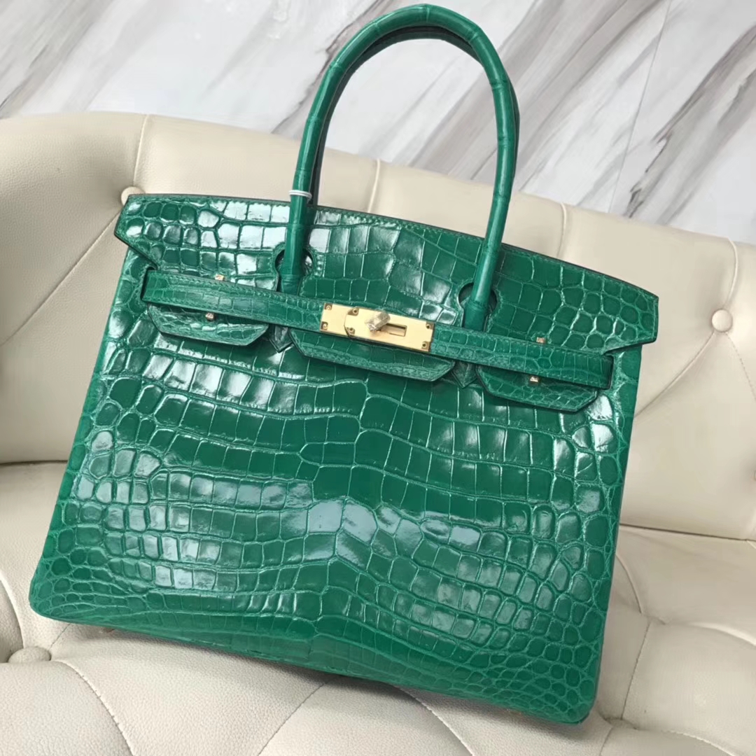 Fashion Hermes 6Q Emerald Green Shiny Crocodile Birkin30CM Bag Gold Hardware