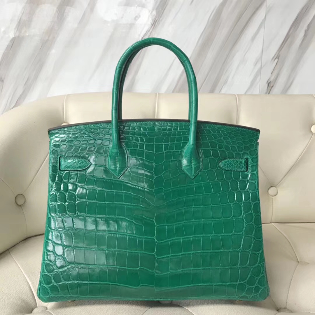 Fashion Hermes 6Q Emerald Green Shiny Crocodile Birkin30CM Bag Gold Hardware