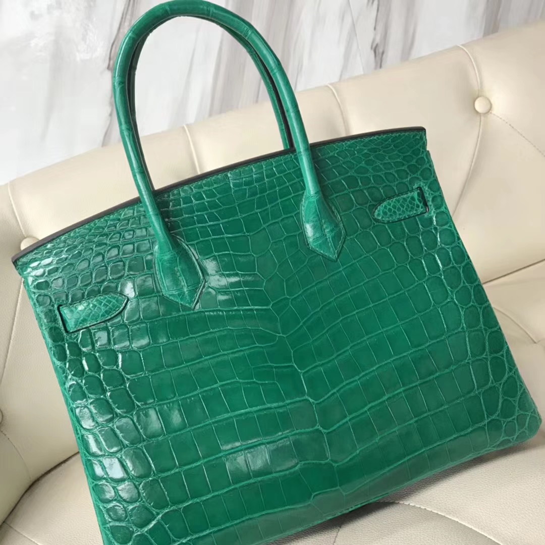 Fashion Hermes 6Q Emerald Green Shiny Crocodile Birkin30CM Bag Gold Hardware