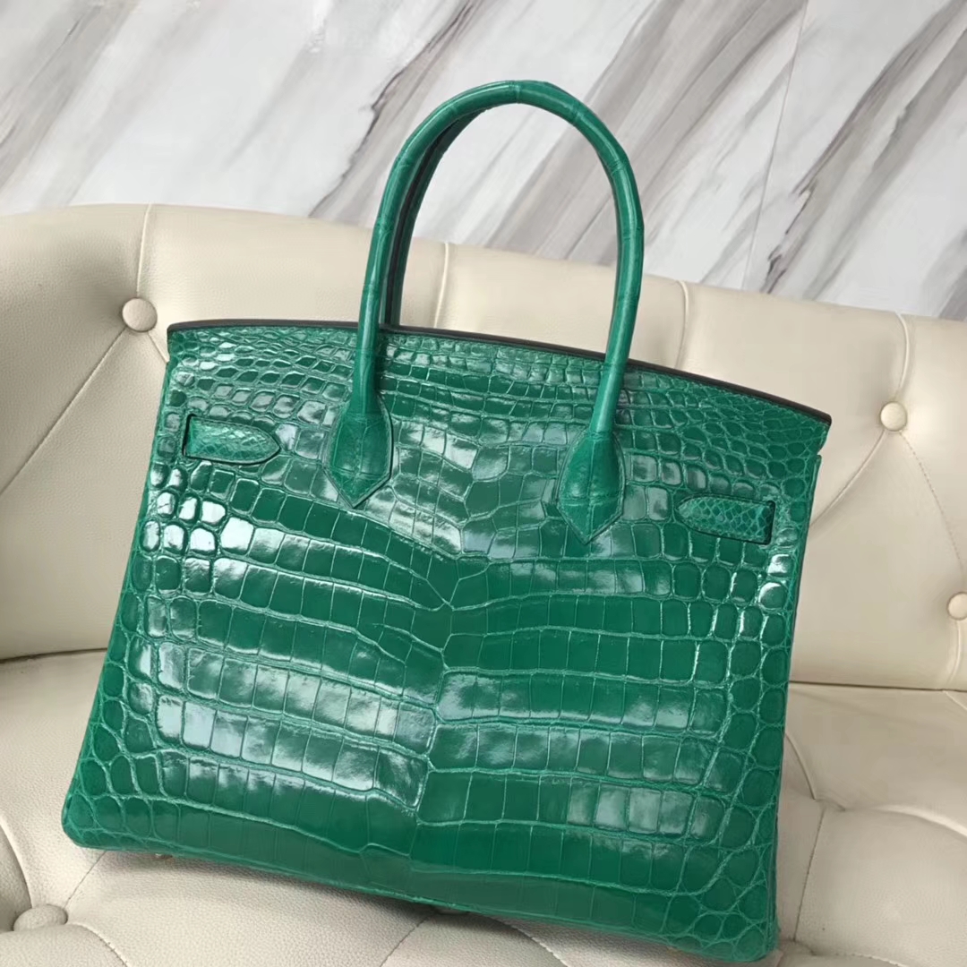 Fashion Hermes 6Q Emerald Green Shiny Crocodile Birkin30CM Bag Gold Hardware