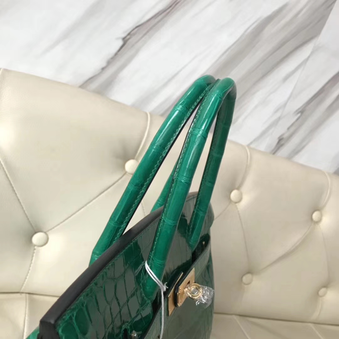 Fashion Hermes 6Q Emerald Green Shiny Crocodile Birkin30CM Bag Gold Hardware