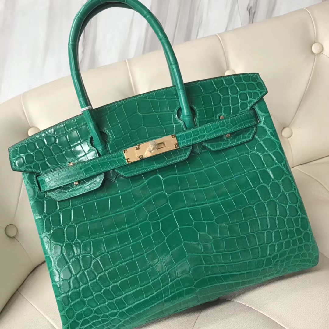 Fashion Hermes 6Q Emerald Green Shiny Crocodile Birkin30CM Bag Gold Hardware