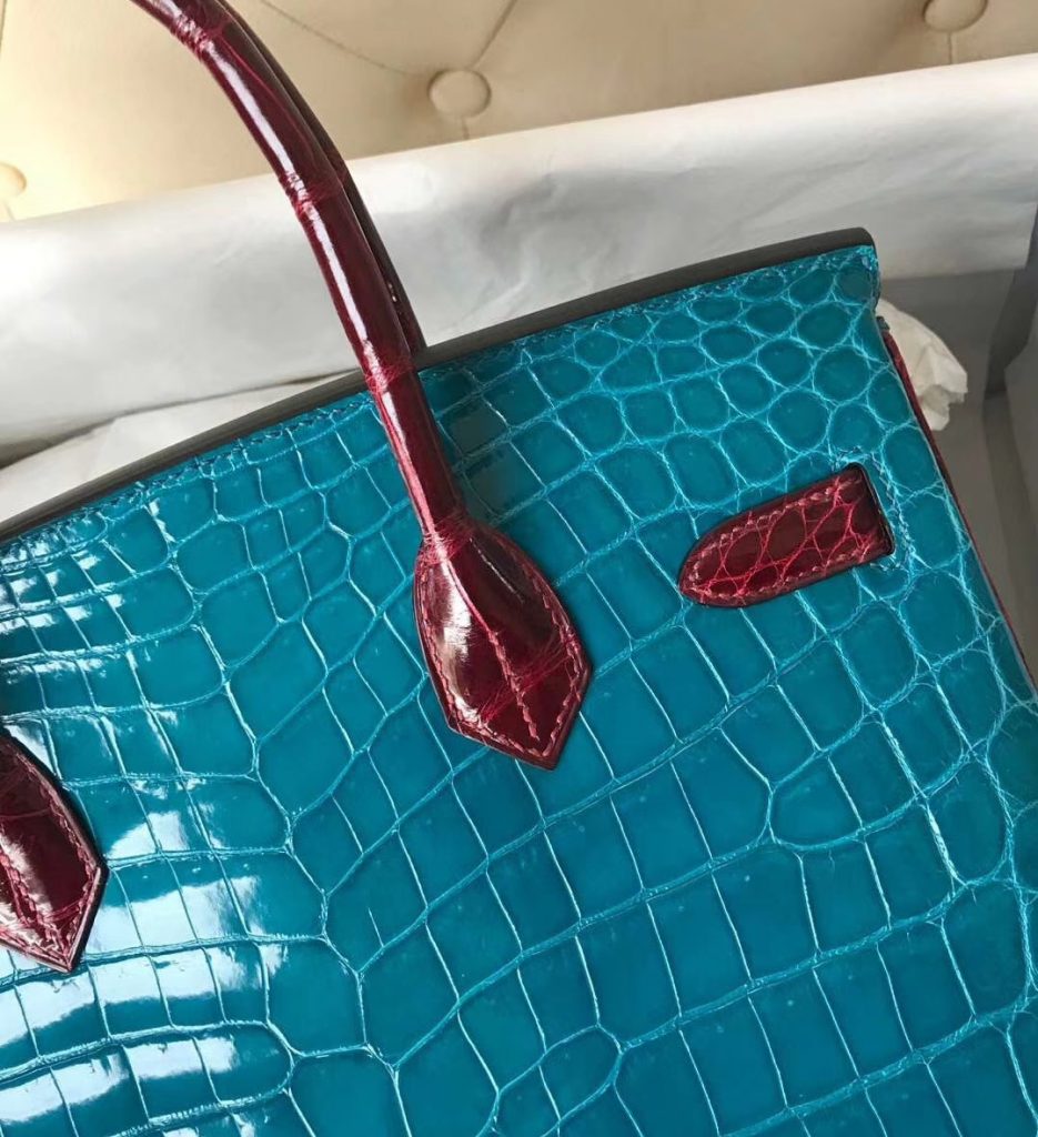 Luxury Hermes 7W Blue Izmir/F5 Bourgogne Red Shiny Crocodile Birkin30CM Tote Bag Gold Hardware
