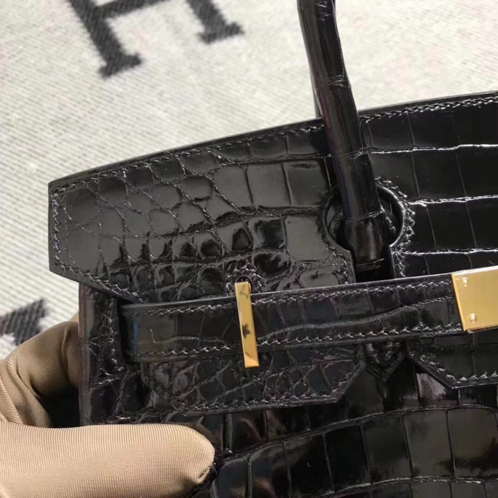 Luxury Hermes Black Shiny Crocodile Birkin30CM Tote Bag Gold Hardware